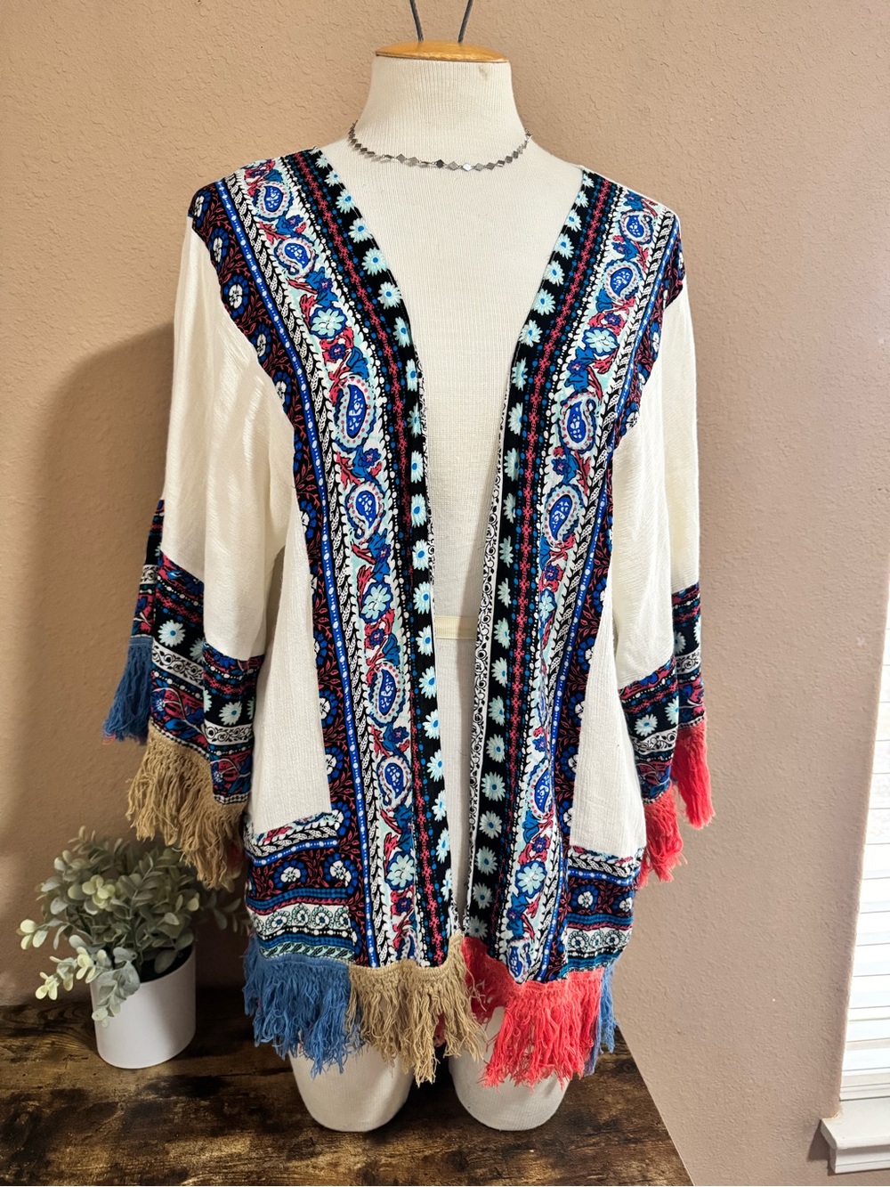 Umgee White Open-Front Boho Jacket with Blue, Pink and Tan Fringe